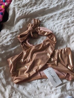 Metallic Rose Gold Bikini Top with Bow Accent